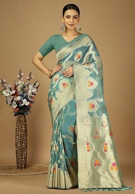 Sea Green Embroidered Blended Saree Set