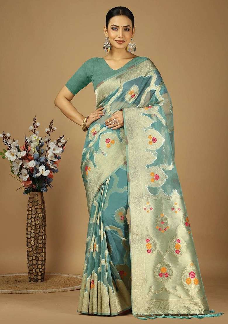 Sea Green Blended Saree Set with Embroidered for Diwali | Wedding & Festive Wear - Indya