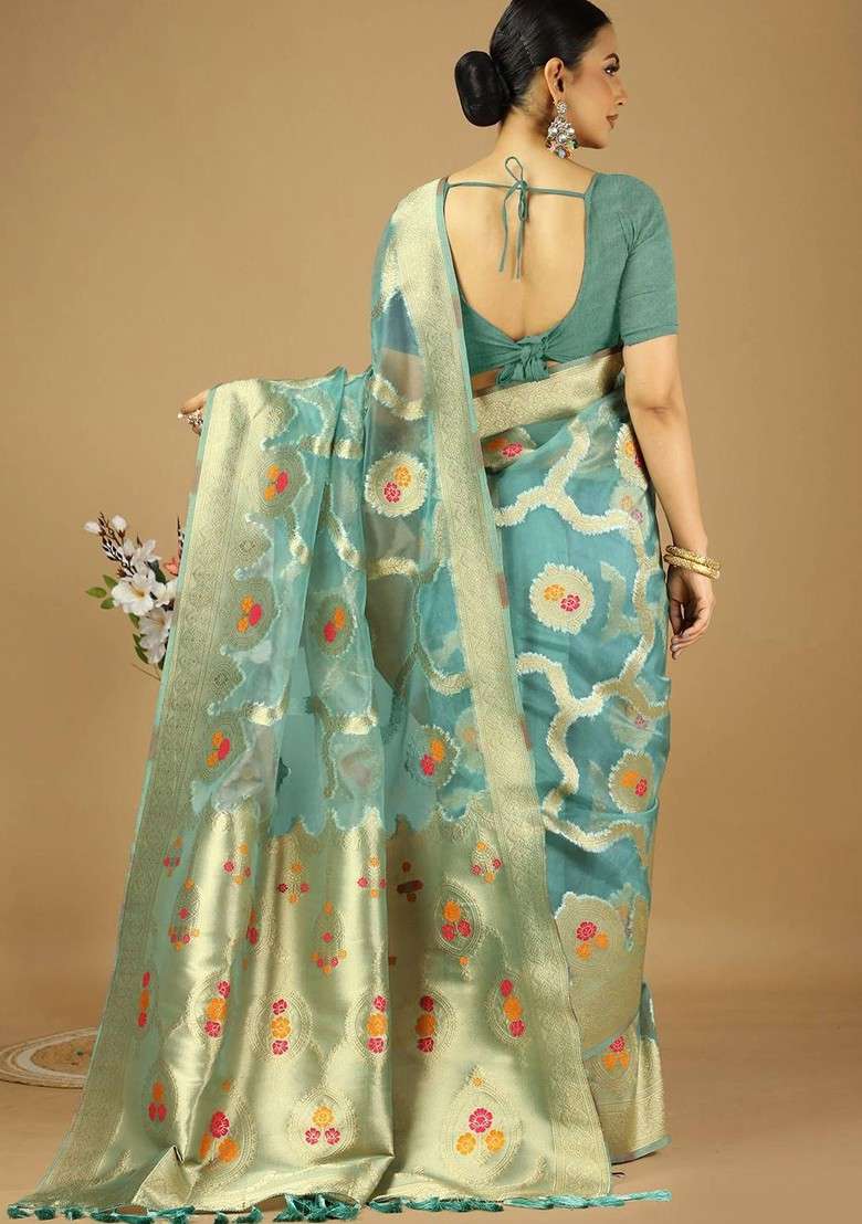 Sea Green Blended Saree Set with Embroidered for Diwali | Wedding & Festive Wear - Indya