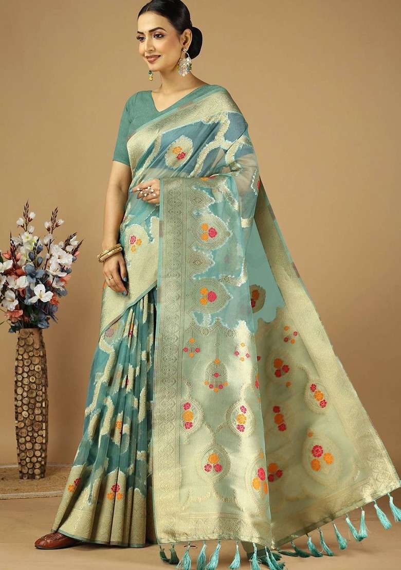 Sea Green Blended Saree Set with Embroidered for Diwali | Wedding & Festive Wear - Indya