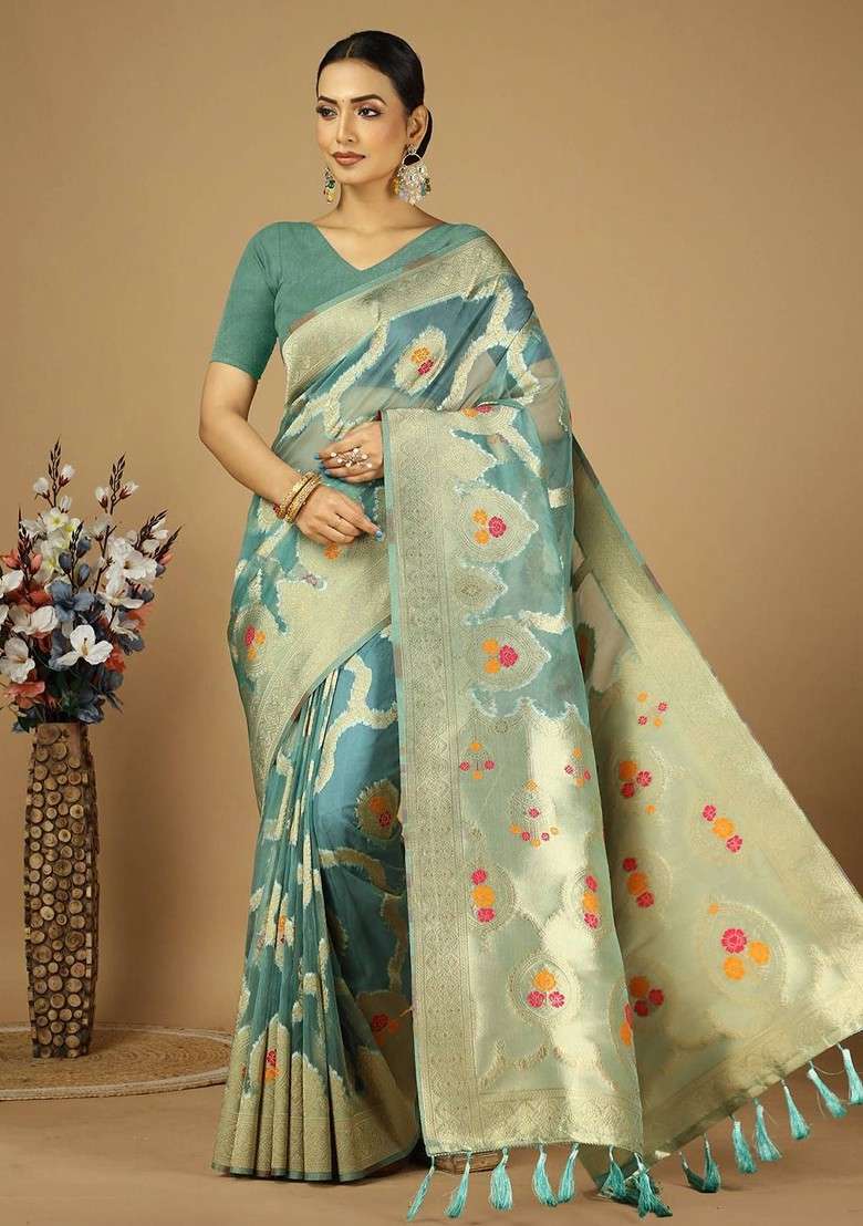 Sea Green Blended Saree Set with Embroidered for Diwali | Wedding & Festive Wear - Indya