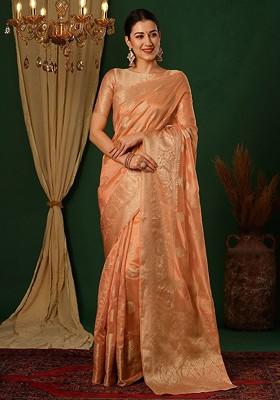 Orange Jacquard Blended Saree Set