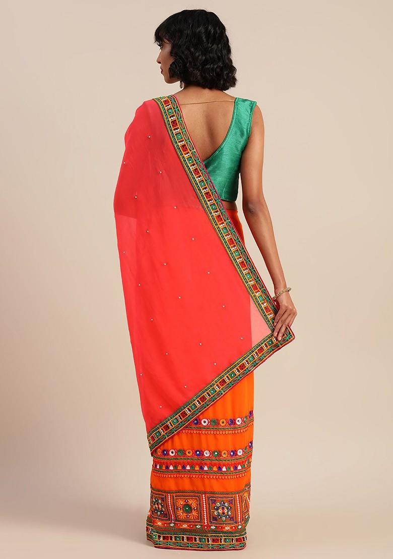 Orange Embroidered Blended Saree Set - Indya