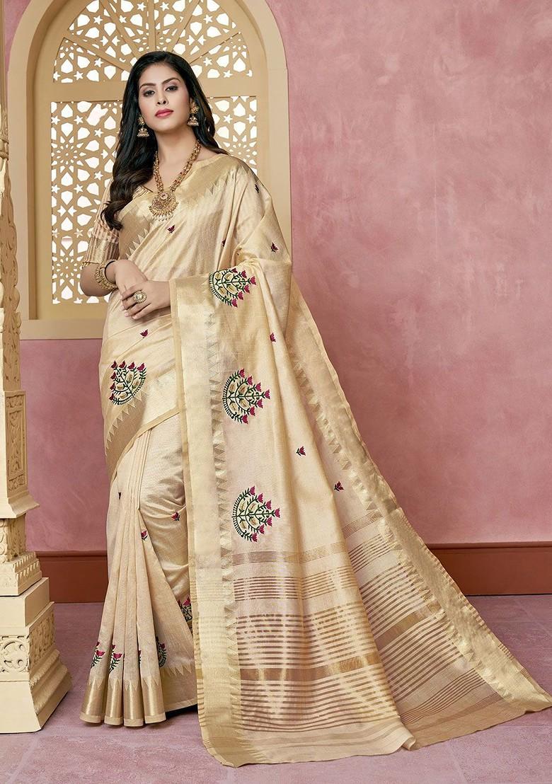 Cream Jacquard Blended Saree Set