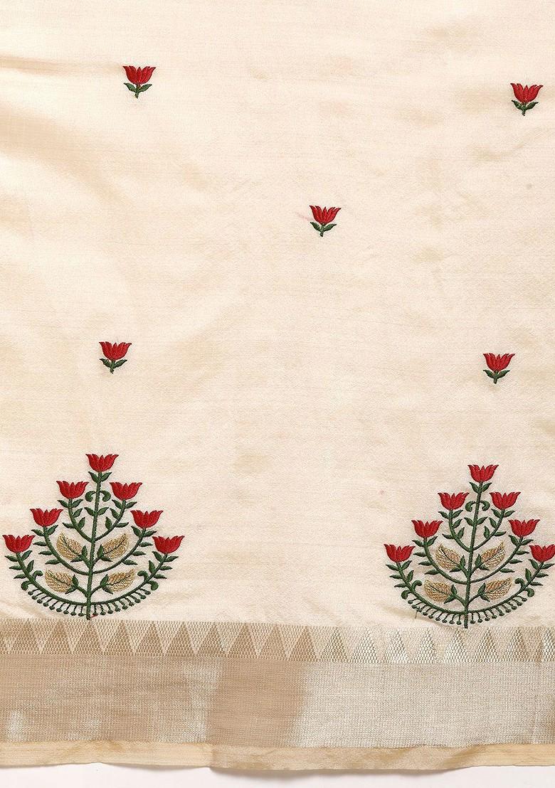 Cream Jacquard Blended Saree Set