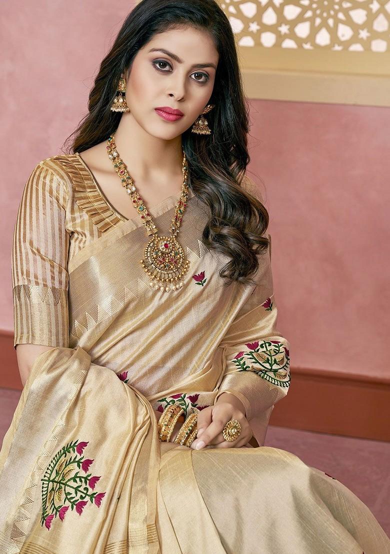 Cream Jacquard Blended Saree Set
