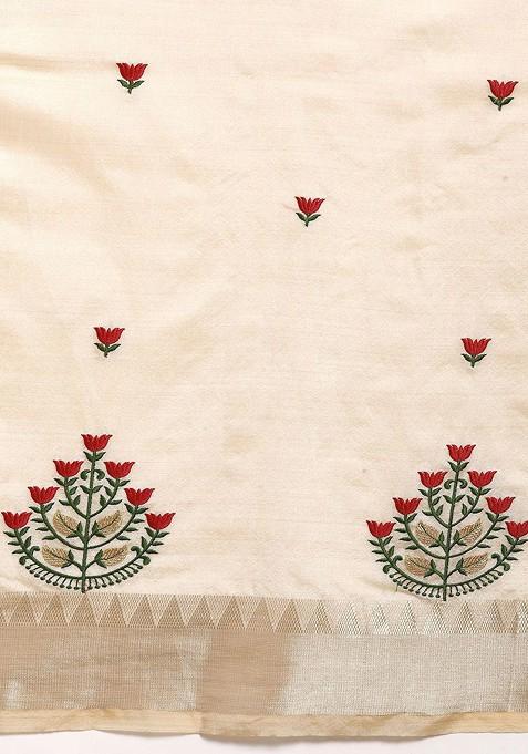 Cream Jacquard Blended Saree Set