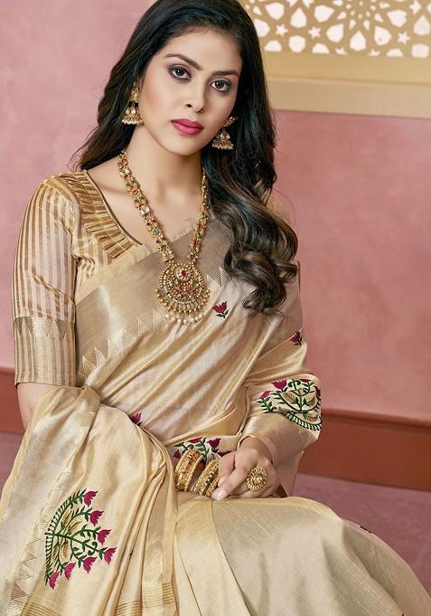 Cream Jacquard Blended Saree Set