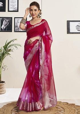 Red Embroidered Blended Saree Set