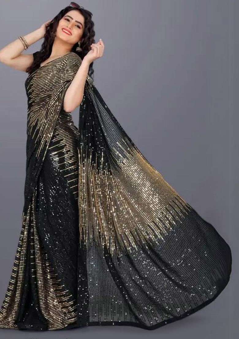 Gold Embellished Blended Saree Set for Diwali | Wedding & Festive Wear - Indya