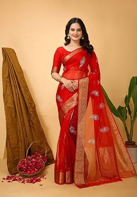 Red Embroidered Blended Saree Set