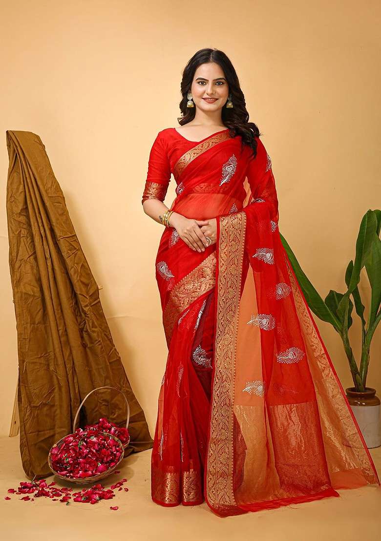 Red Blended Saree Set with Embroidered for Diwali | Wedding & Festive Wear - Indya