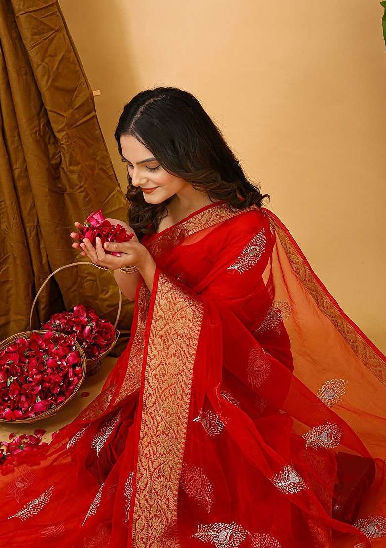 Red Blended Saree Set with Embroidered for Diwali | Wedding & Festive Wear - Indya