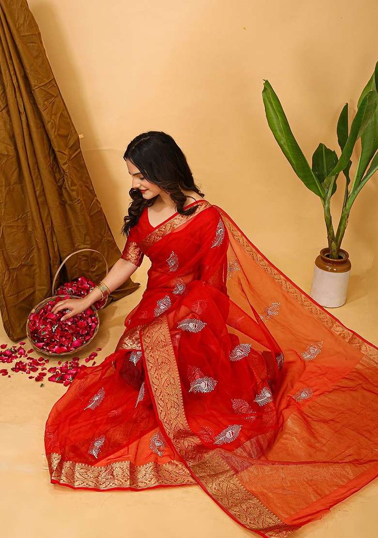Red Blended Saree Set with Embroidered for Diwali | Wedding & Festive Wear - Indya