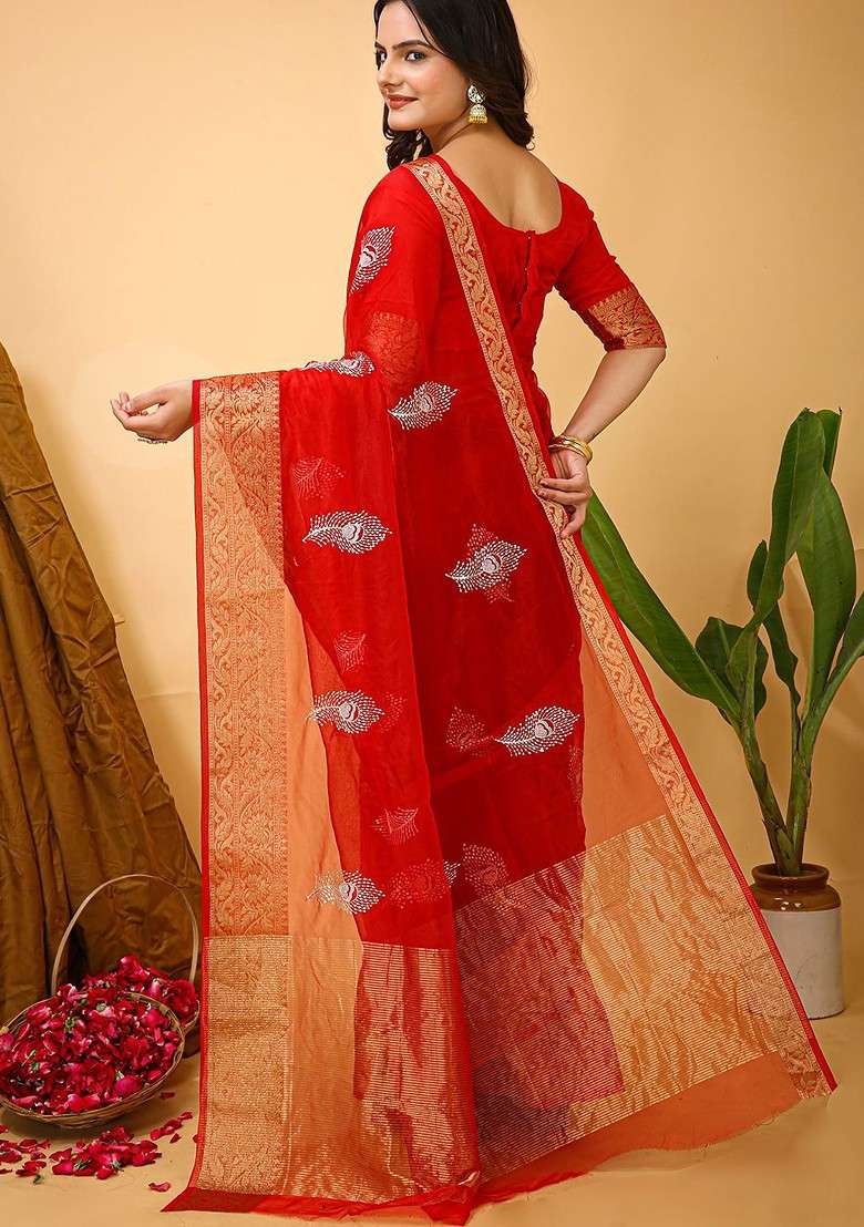 Red Blended Saree Set with Embroidered for Diwali | Wedding & Festive Wear - Indya