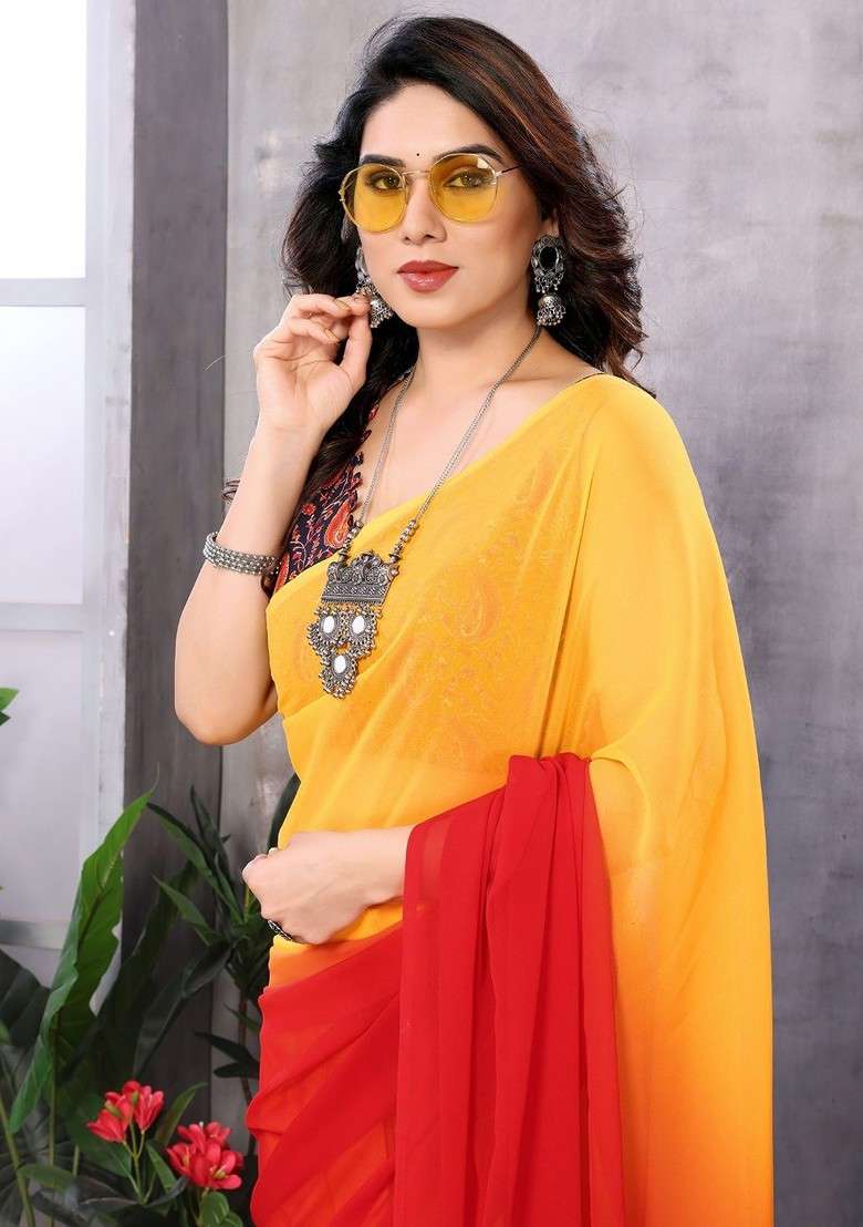 Orange Embroidered Blended Saree Set - Indya