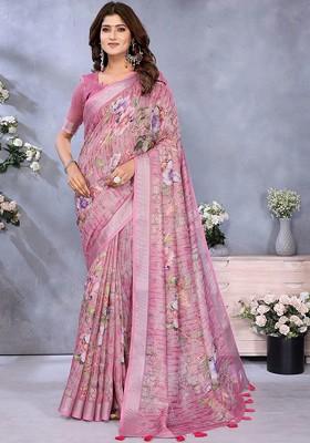 Pink Printed Blended Saree Set