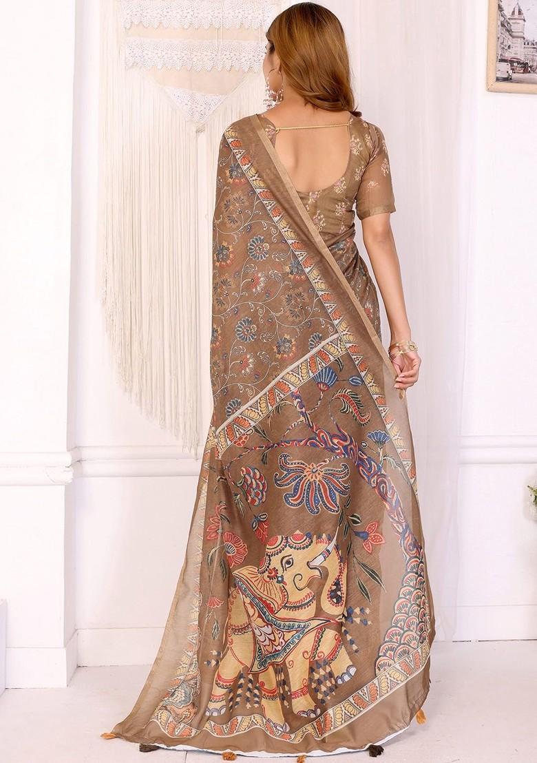 Brown Printed Blended Saree Set - Indya