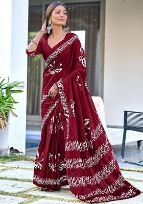 Maroon Printed Blended Saree Set