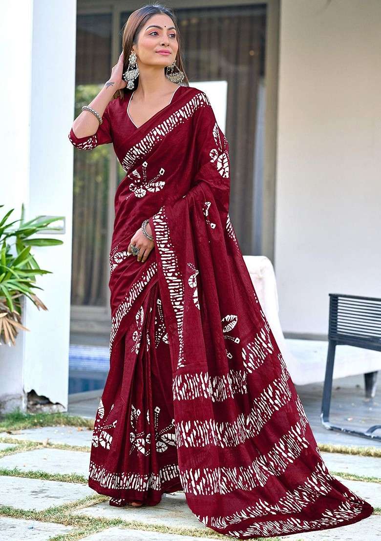 Maroon Printed Blended Saree Set - Indya