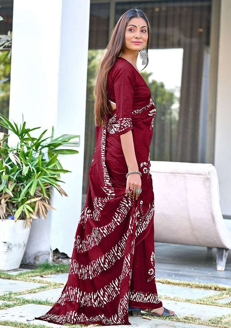 Maroon Printed Blended Saree Set - Indya