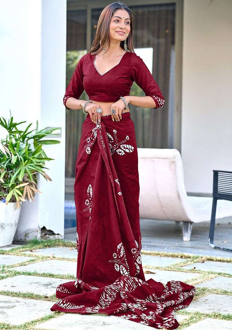 Maroon Printed Blended Saree Set - Indya