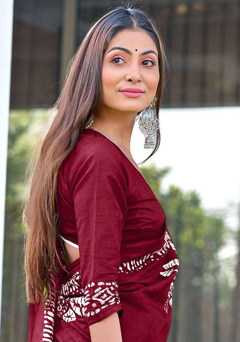 Maroon Printed Blended Saree Set - Indya