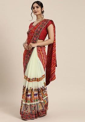 Red Printed Blended Saree Set