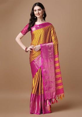 Mustard Embroidered Blended Saree Set