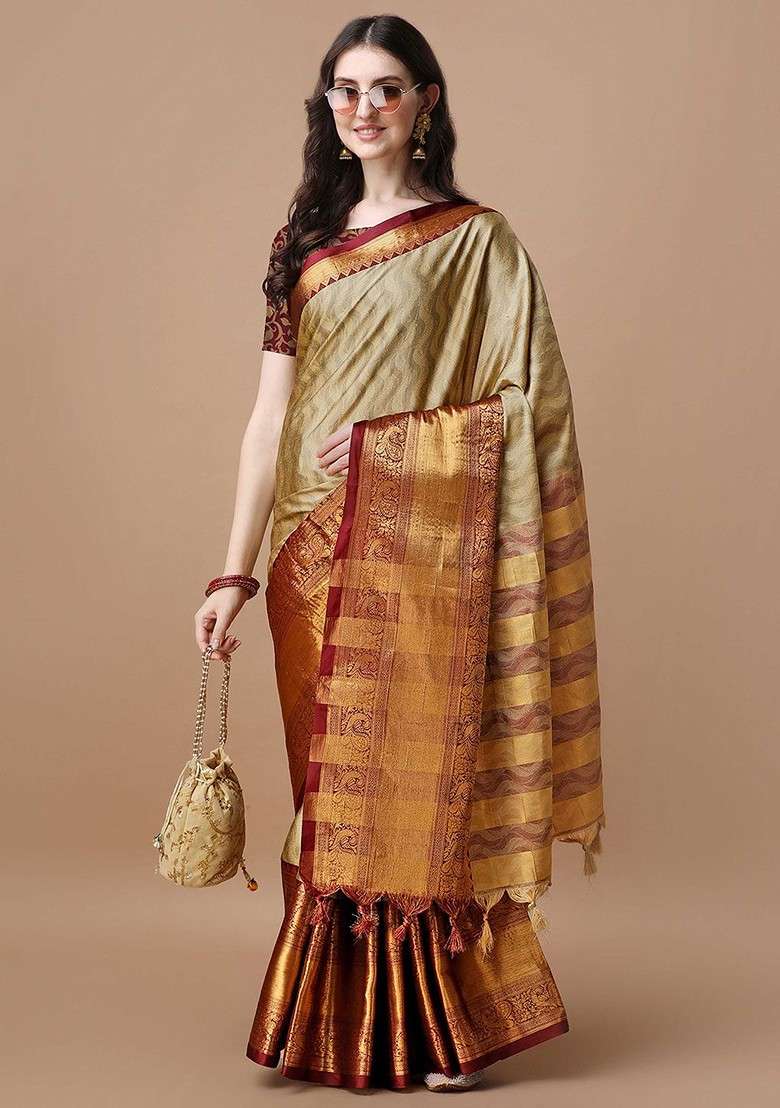 Beige Embroidered Blended Saree Set for Diwali and Festive Wear - Indya