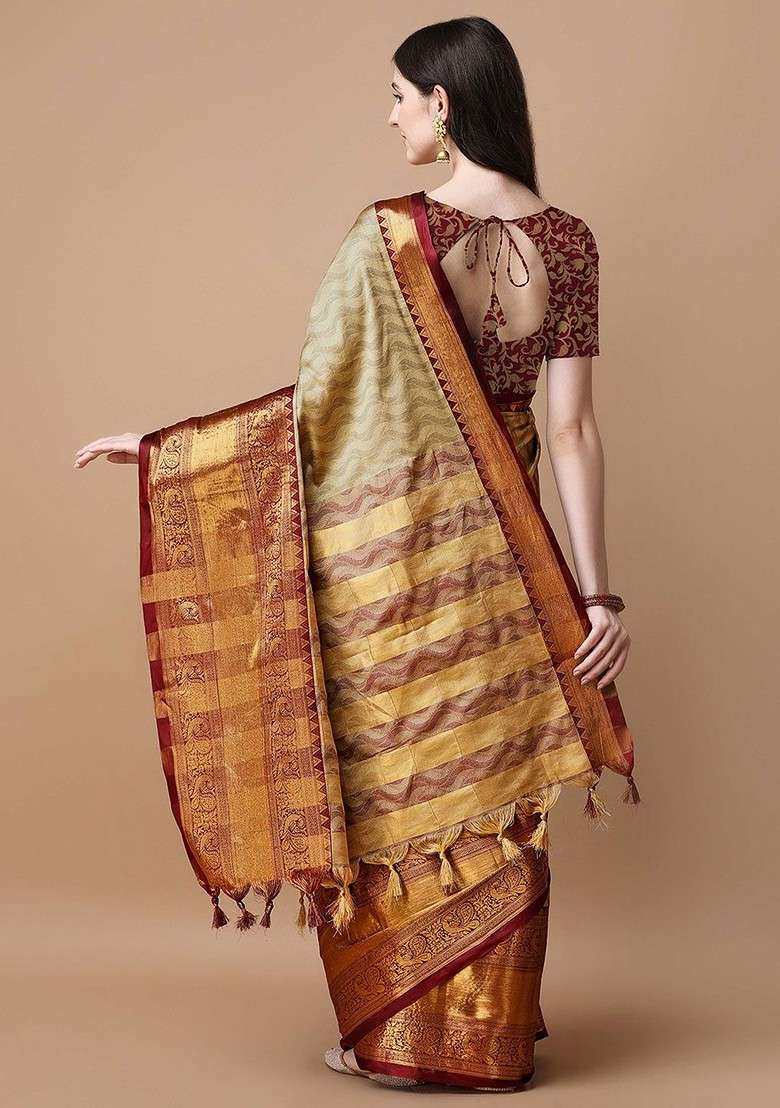 Beige Embroidered Blended Saree Set for Diwali and Festive Wear - Indya