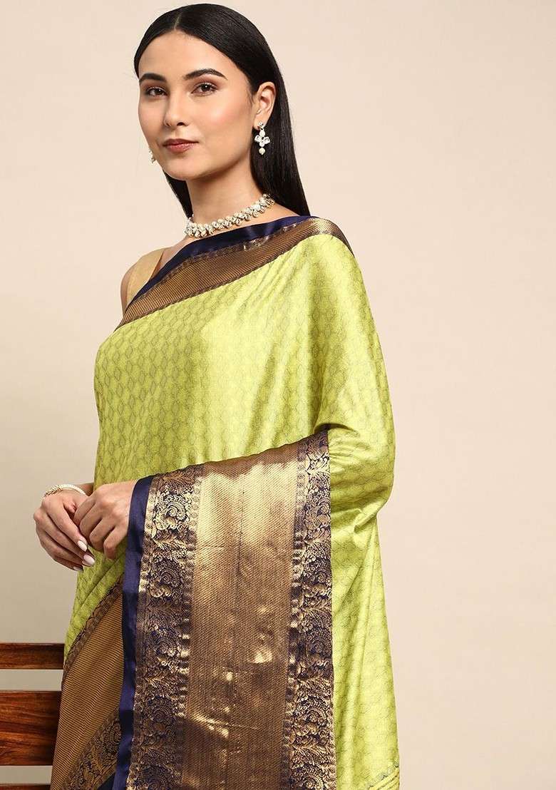 Olive Blended Saree Set with Embroidered for Diwali | Wedding & Festive Wear - Indya