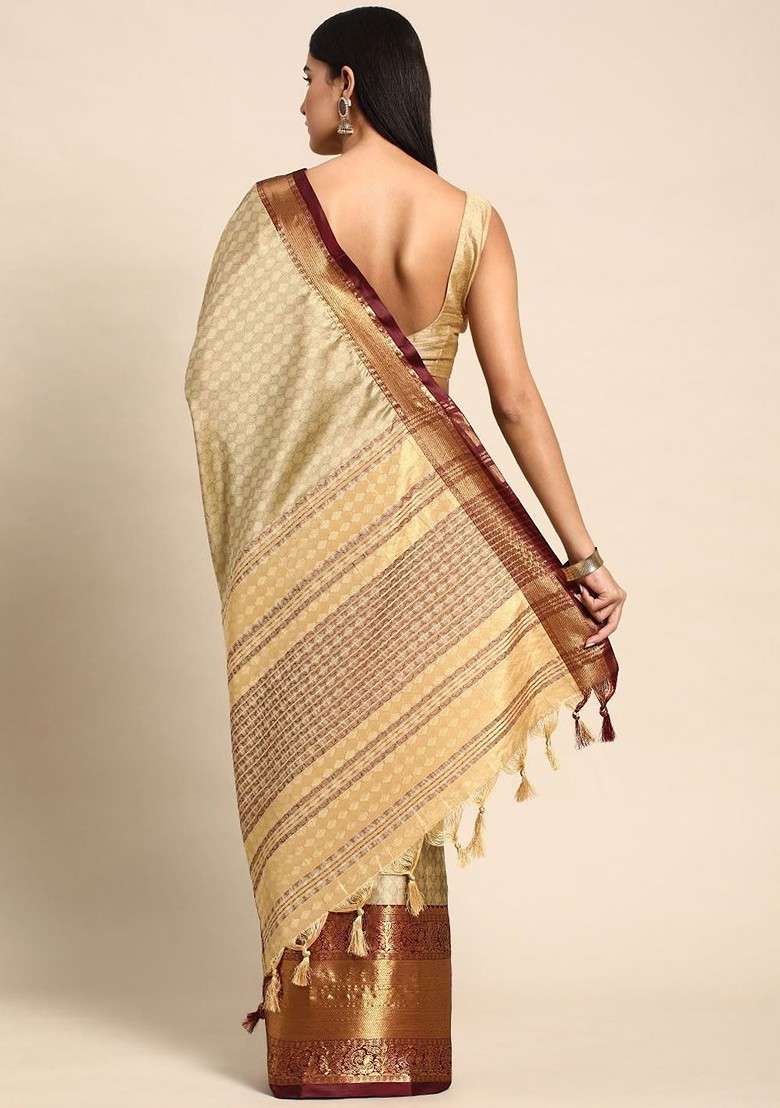 Beige Blended Saree Set with Embroidered for Diwali | Wedding & Festive Wear - Indya