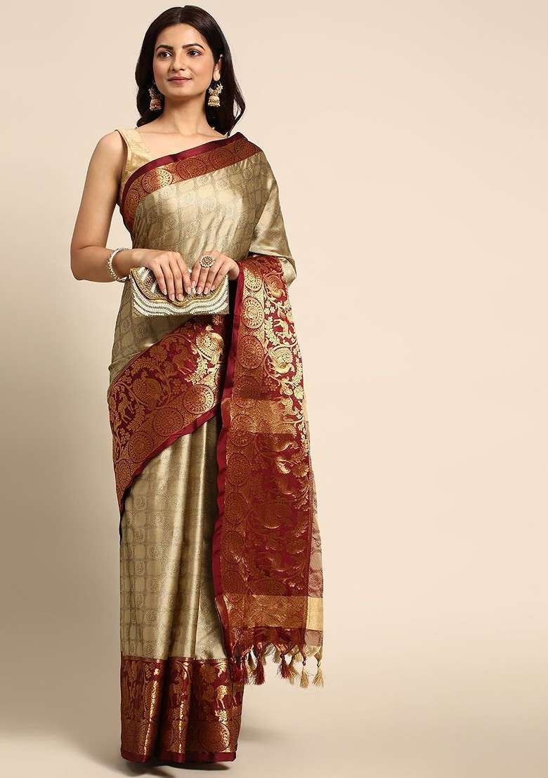 Beige Embroidered Blended Saree Set for Diwali and Festive Wear - Indya