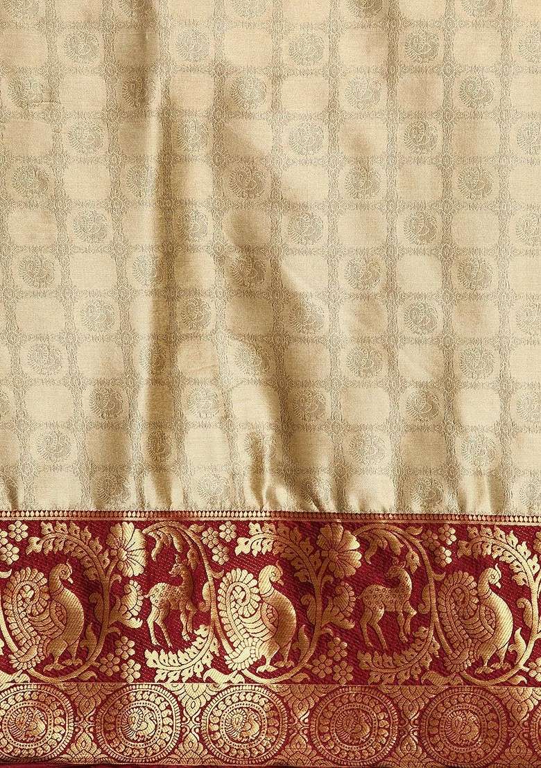 Beige Embroidered Blended Saree Set for Diwali and Festive Wear - Indya
