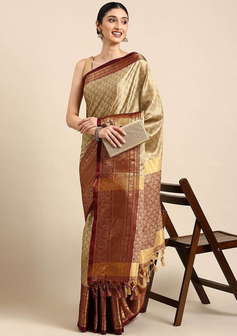 Beige Blended Saree Set with Embroidered for Diwali | Wedding & Festive Wear - Indya