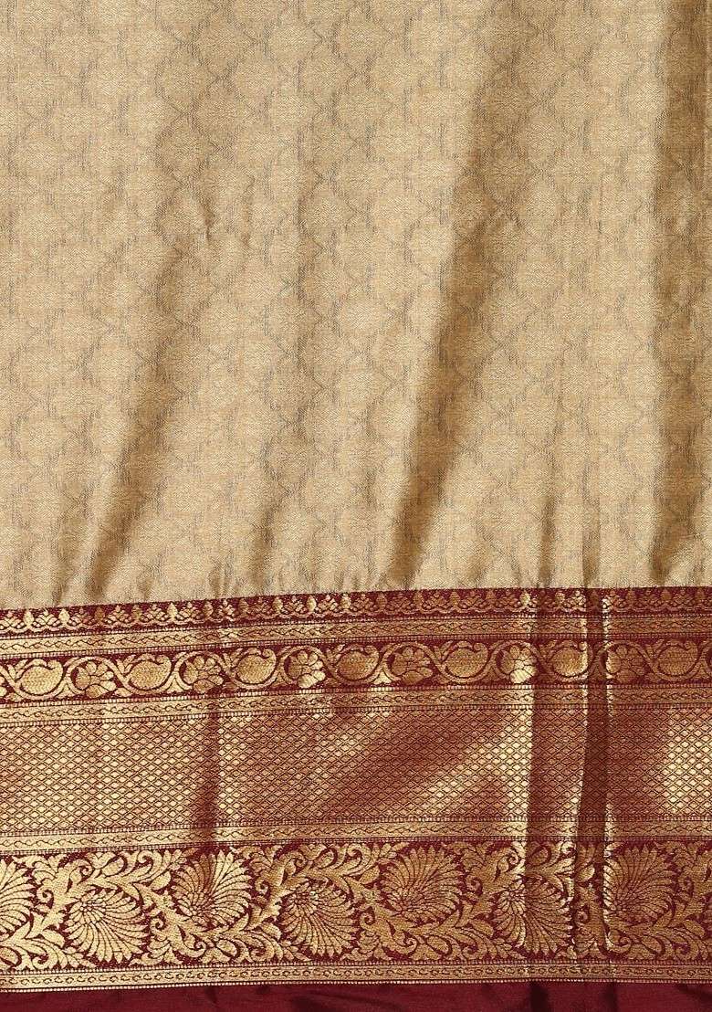 Beige Blended Saree Set with Embroidered for Diwali | Wedding & Festive Wear - Indya
