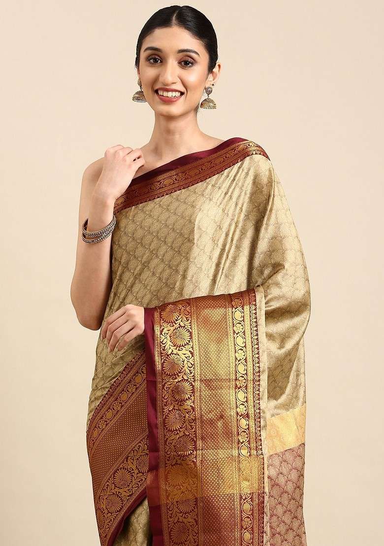 Beige Blended Saree Set with Embroidered for Diwali | Wedding & Festive Wear - Indya