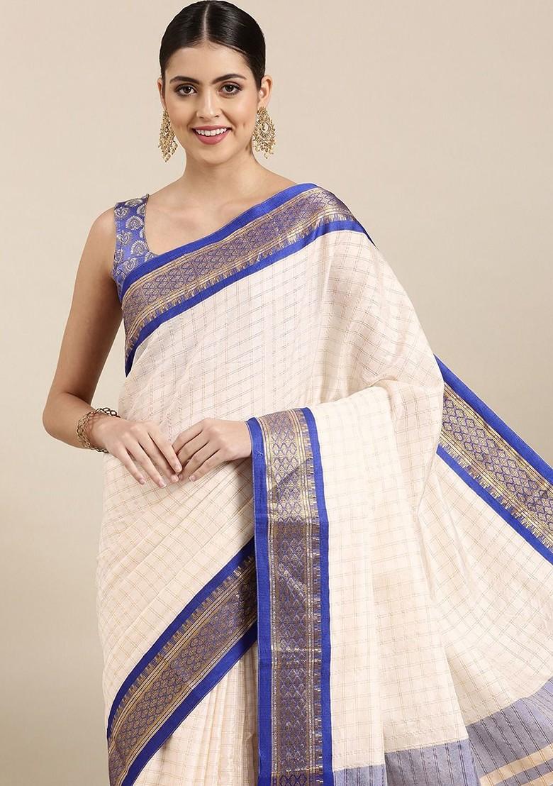 White Printed Blended Saree Set