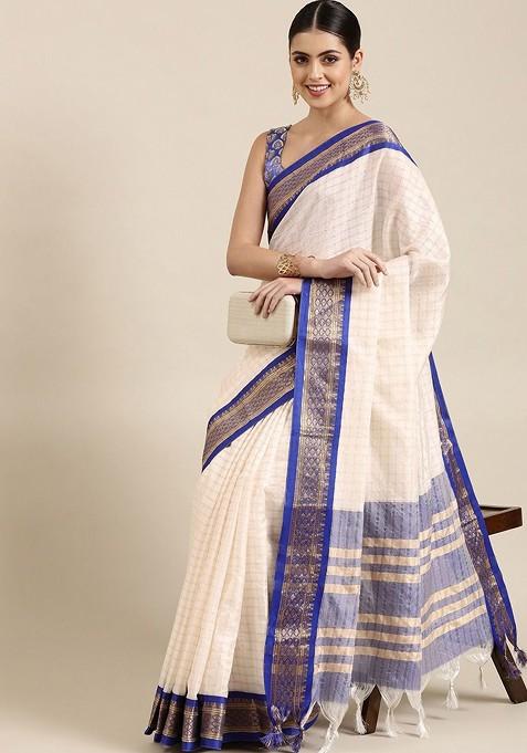 White Printed Blended Saree Set