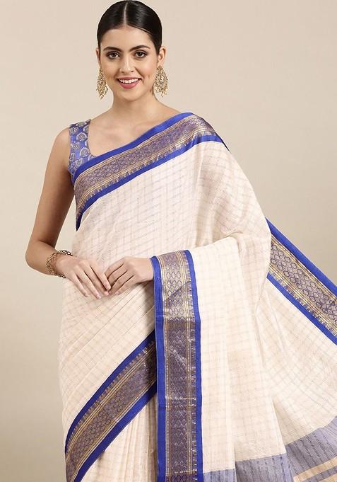 White Printed Blended Saree Set