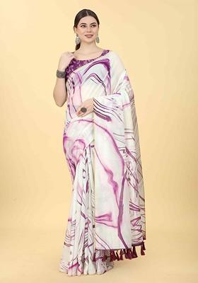 White Embroidered Blended Saree Set