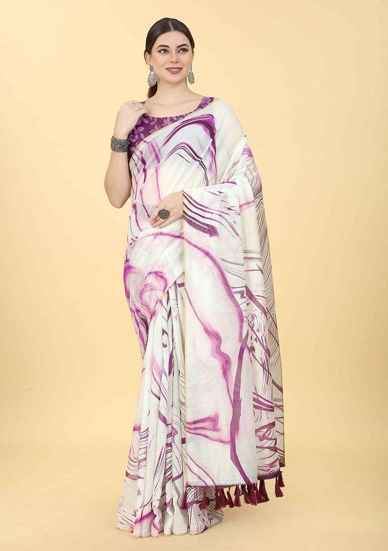 White Embroidered Blended Saree Set - Indya