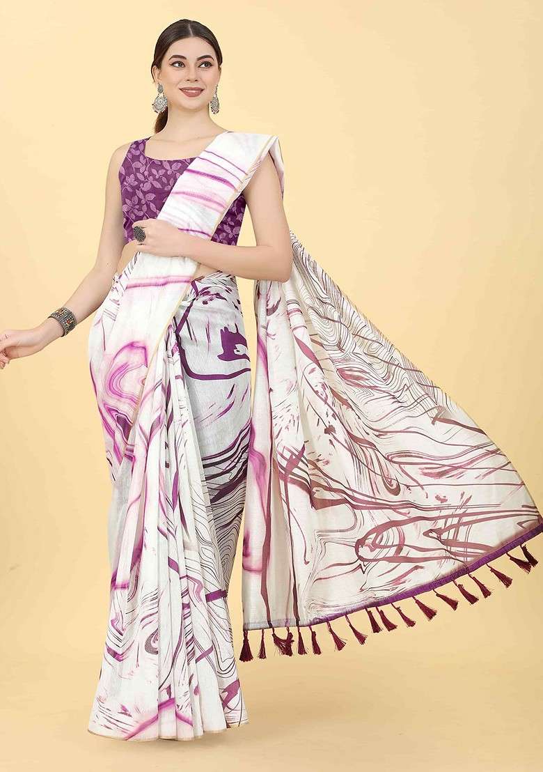 White Embroidered Blended Saree Set - Indya