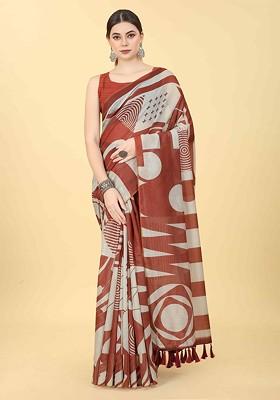Brown Embroidered Blended Saree Set