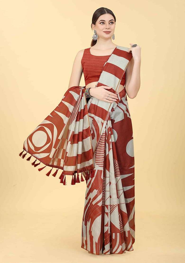 Brown Embroidered Blended Saree Set - Indya