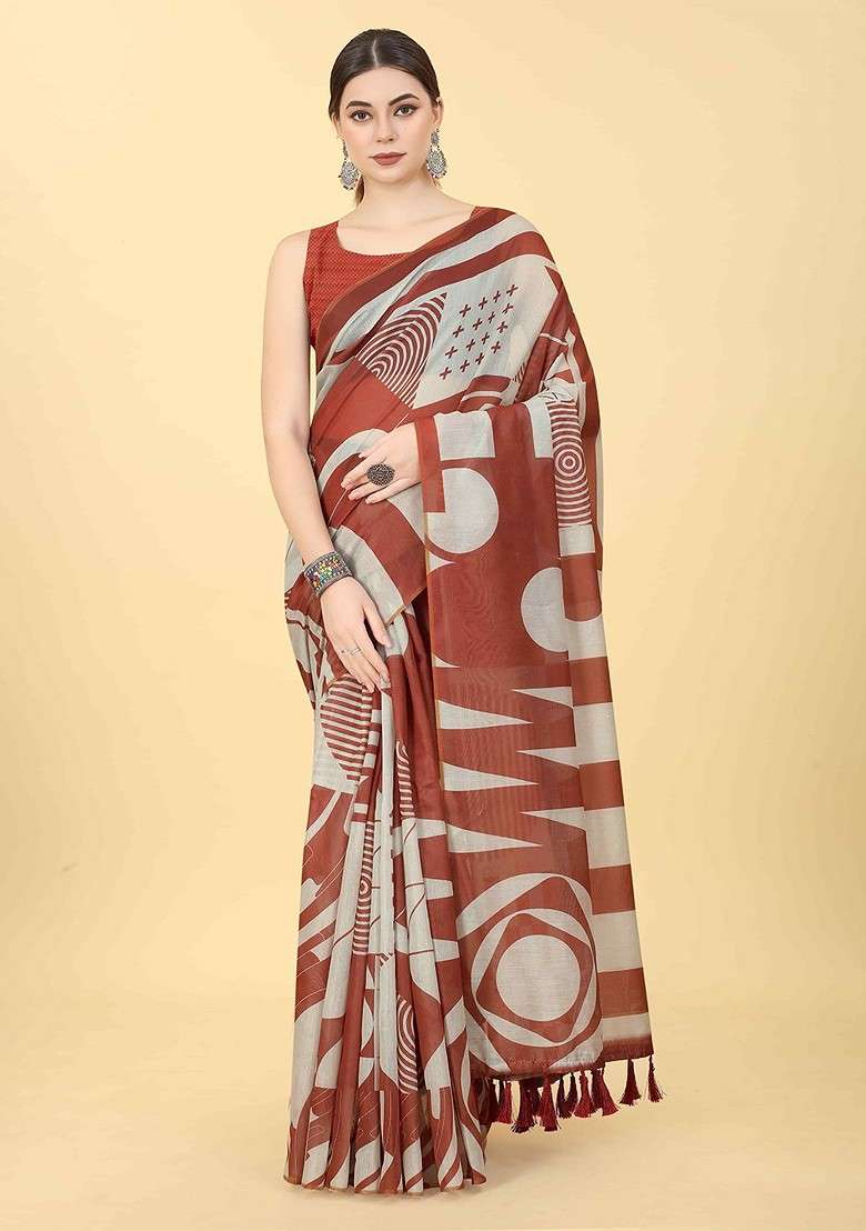 Brown Embroidered Blended Saree Set - Indya