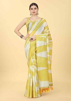 Yellow Printed Blended Saree Set