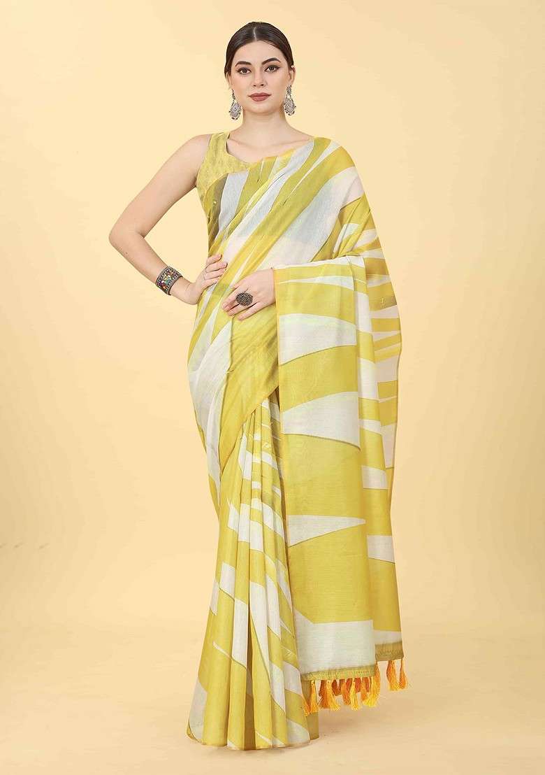 Yellow Blended Saree Set with Printed for Diwali | Wedding & Festive Wear - Indya