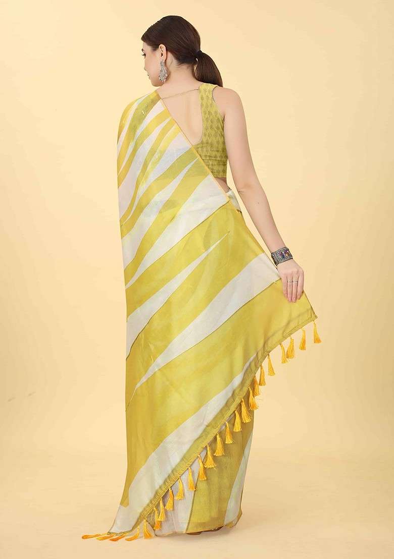 Yellow Blended Saree Set with Printed for Diwali | Wedding & Festive Wear - Indya